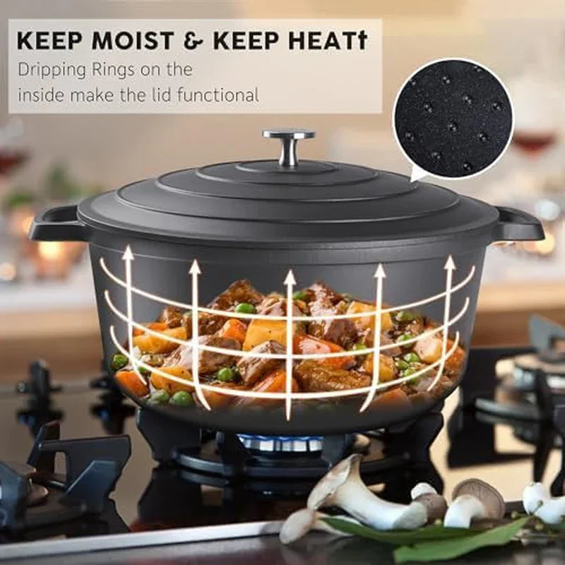 Large Dutch Oven Pot with Lid-7.5Qt Cast Aluminum Oven Pot with Two Handles Lightweight for Bread Baking Braising and Roasting(Black)