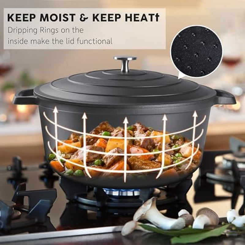 Large Dutch Oven Pot with Lid-7.5Qt Cast Aluminum Oven Pot with Two Handles Lightweight for Bread Baking Braising and Roasting(Black)