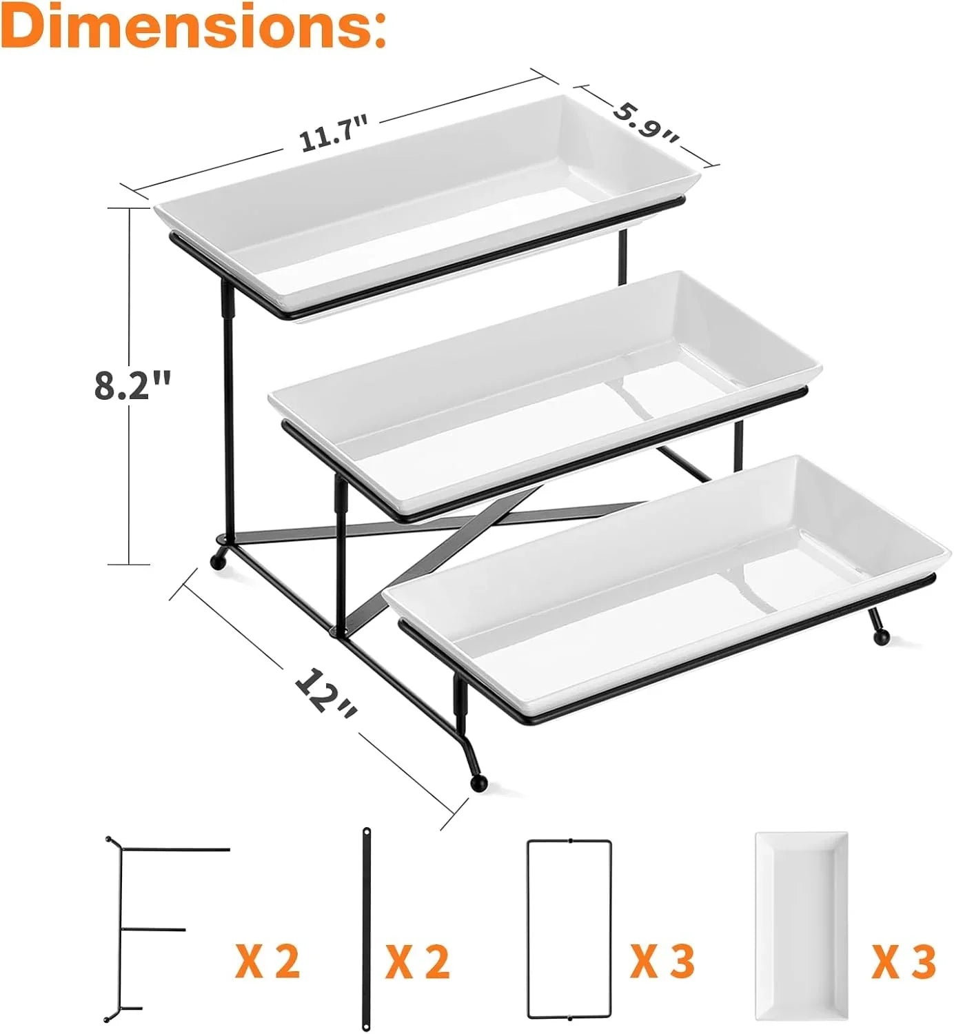 3 Tier Serving Tray Set, 12" Tiered Serving Trays Platters, Reusable Serving Tray for Party, Collapsible Sturdier Stand with Stable Cross Bars, Serving Platters for Veggie, Fruit, Dessert