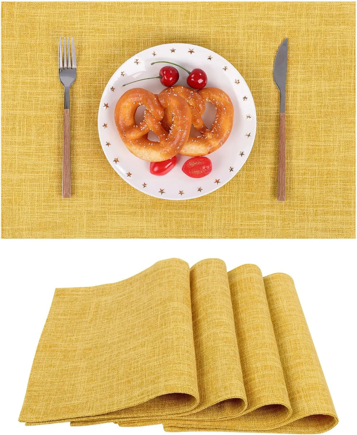 Yellow textured placemats with pretzels, cherries, and tableware for stylish kitchen dining setup