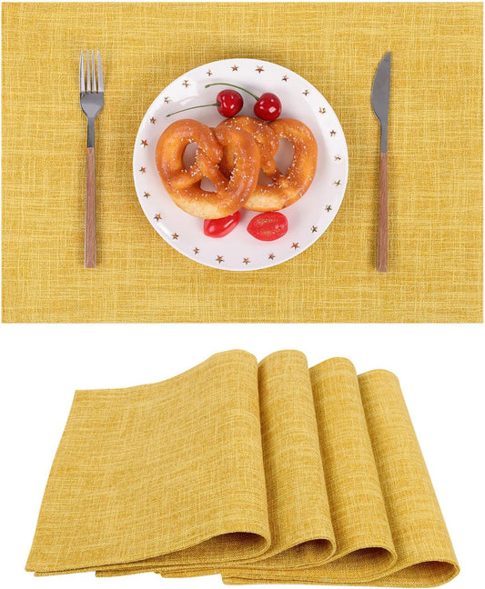 Woven Fabric Placemats Set of 4 Heat Resistant Place Mats Non Slip Washable Double Layer Cloth Placemats Reversible Table Mats Kitchen Dining Table Decor (4, Yellow)