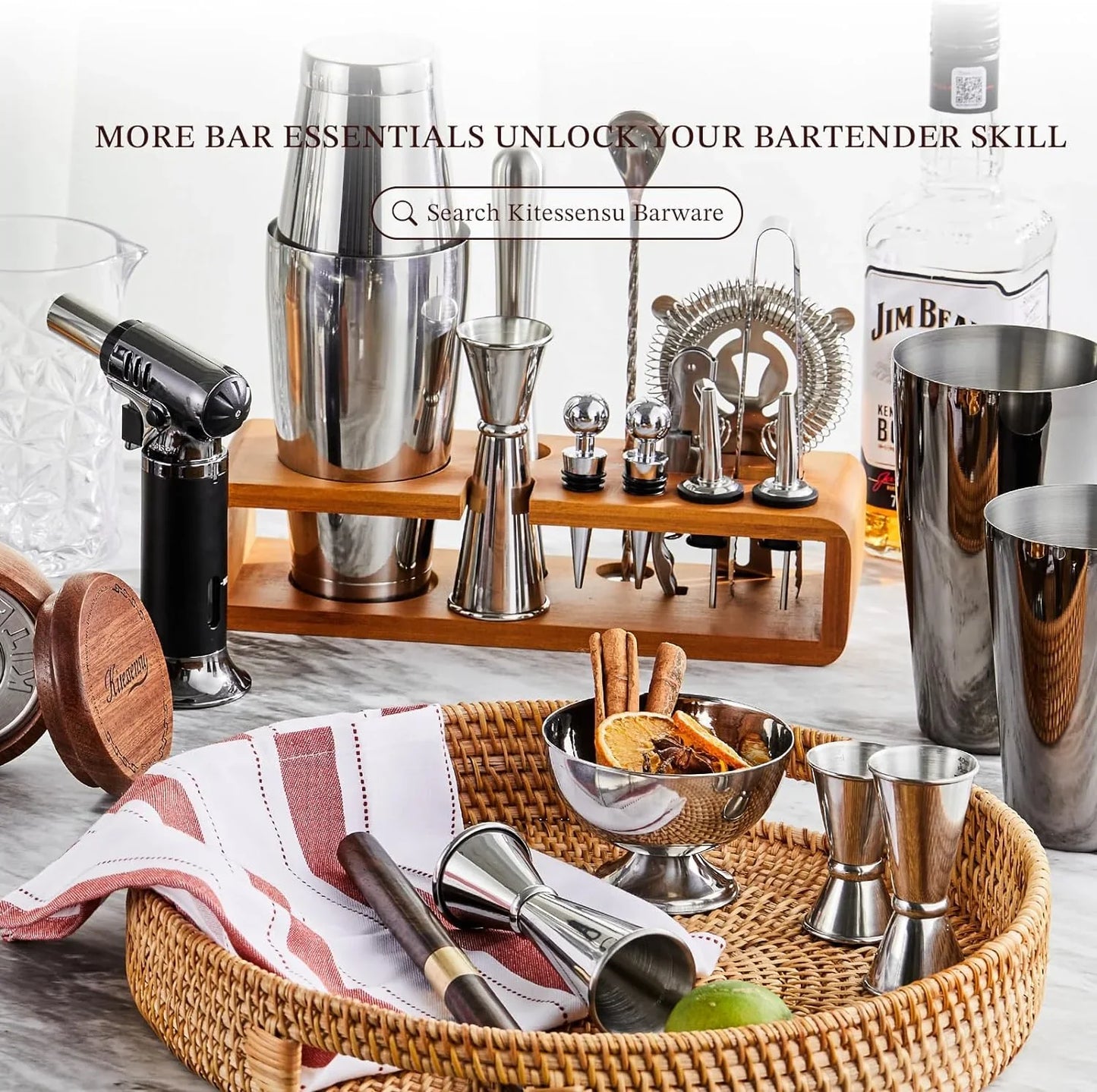 Cocktail Shaker Set Bartender Kit with Stand | Bar Set Drink Mixer Set with All Essential Accessory Tools: Martini Shaker, Jigger, Strainer, Mixer Spoon, Muddler, Liquor Pourers |Silver