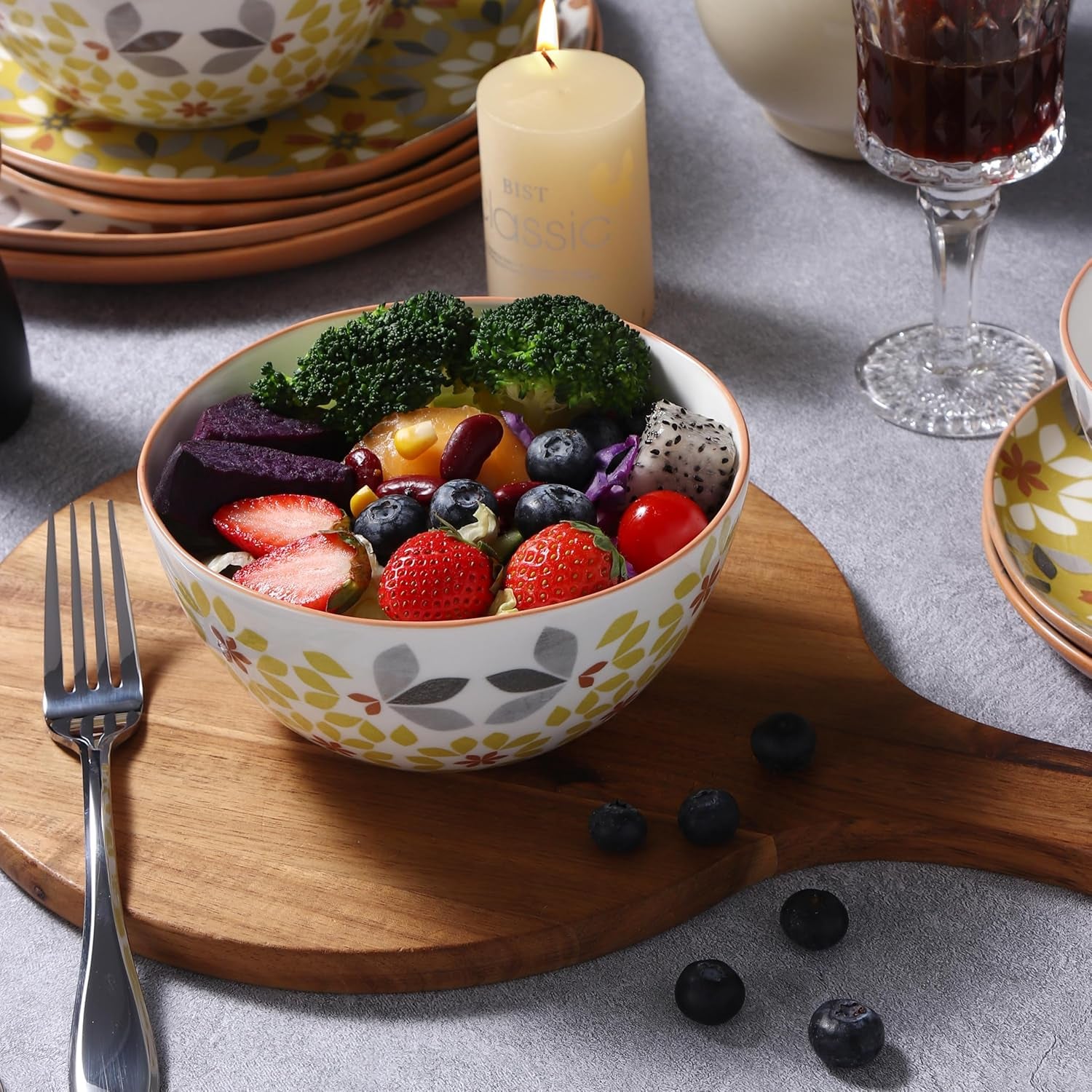 Floral Dinnerware Set, 12 Piece, Bone China, Yellow and Gray Pattern, Microwave and Dishwasher Safe