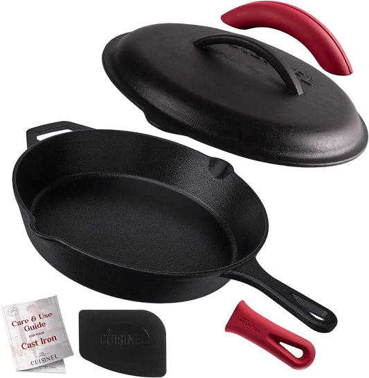 Cast Iron Skillet with Lid - 12"-Inch Pre-Seasoned Covered Frying Pan Set + Silicone Handle & Lid Holders + Scraper/Cleaner - Indoor/Outdoor, Oven, Stovetop, Camping Fire, Grill Safe Cookware