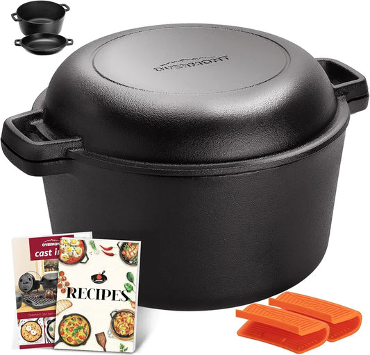 2-In-1 Cast Iron Dutch Oven - 5QT Pre-Seasoned All-In-One Casserole Braising Pan with Skillet Lid Cookbook & Silicone Handle Covers - Heavy Duty Oven-Safe Pot for Bread Baking Frying Camping