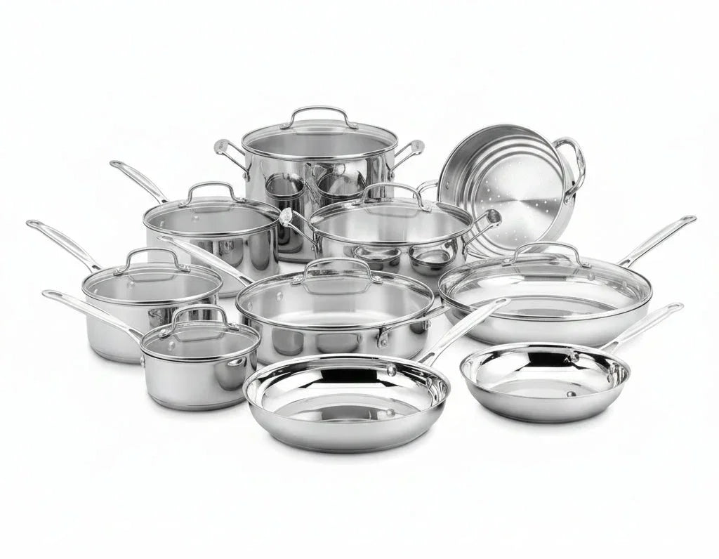 Stainless steel cookware set with pots, pans, and lids for everyday cooking and kitchen organization