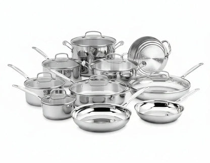 Stainless steel cookware set with pots, pans, and lids for everyday cooking and kitchen organization