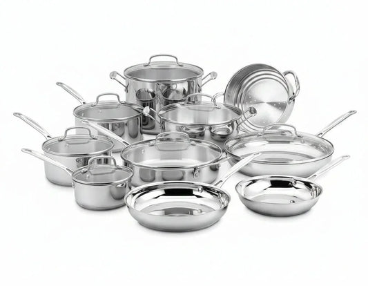 Stainless steel cookware set with pots, pans, and lids for everyday cooking and kitchen organization