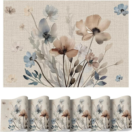 Brown Poppy Floral Vinyl Spring Placemats Set of 6, Wipeable Plastic Woven PVC Table Mats for Party Kitchen Dining Decor, 12X18 Inch