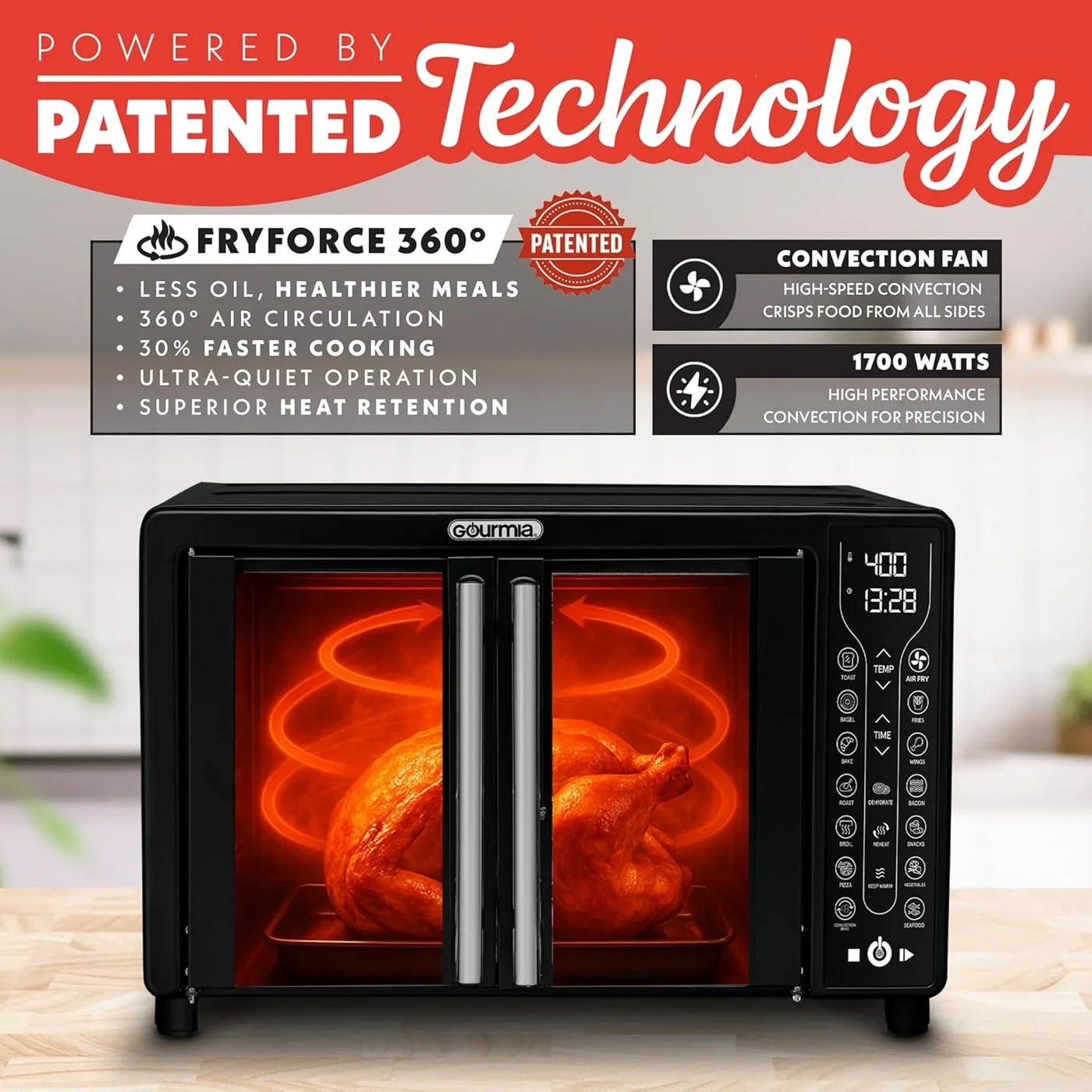 French Door Air Fryer – 25 Qt Large Capacity Convection Oven, Fryforce 360°, Digital Display with 17 Cooking Presets, Bake, Toast, Roast, Dehydrate, Fits 12” Pizza