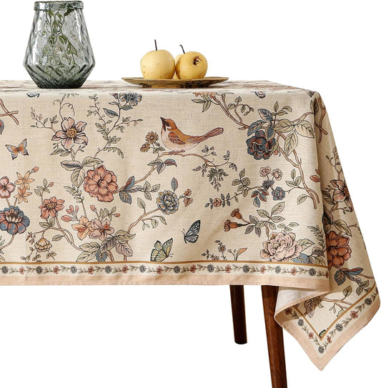Designer French Light Beige Small Rectangular Tablecloth,Linen Florals and Birds Pattern Table Cloth,Anti-Wrinkle Decorative Tablecloths for Dining Thanksgiving Kitchen,55"*71"-Cornucopia