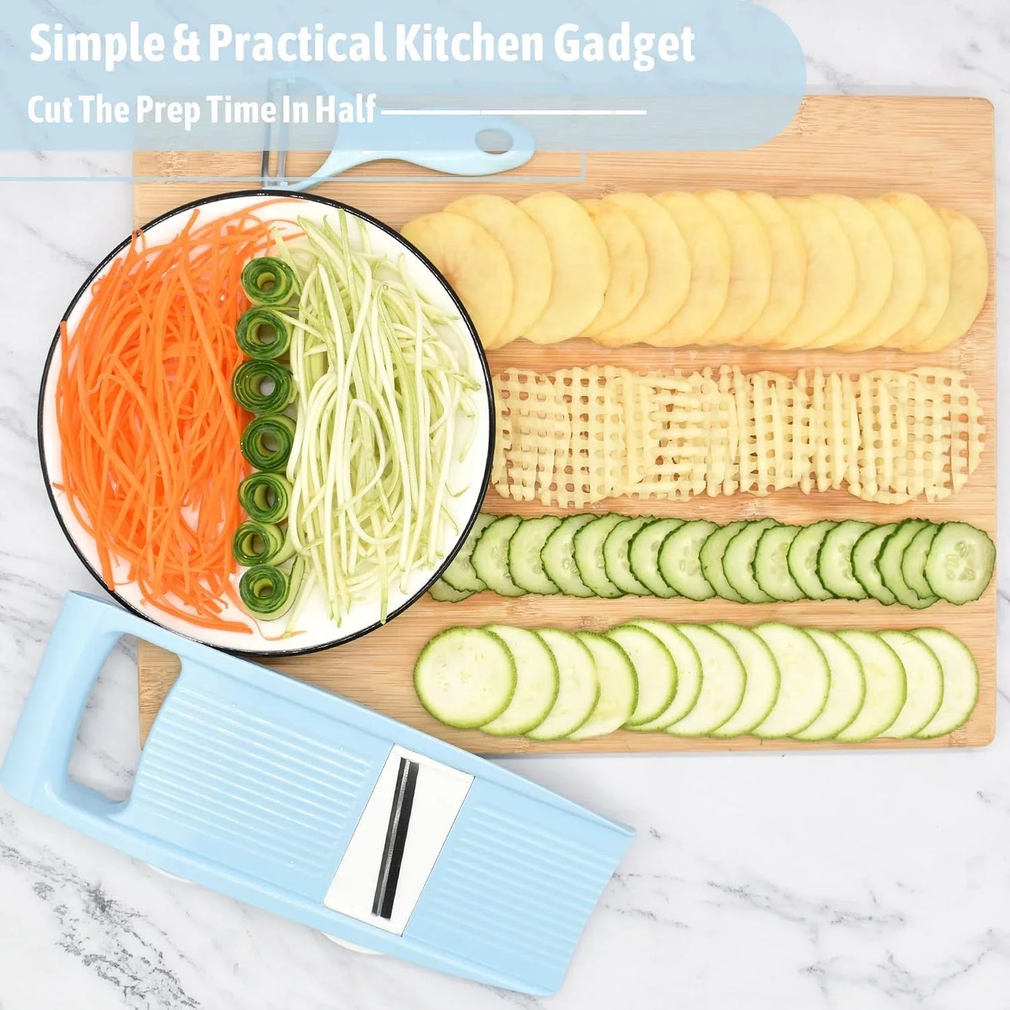 5 in 1 Mandoline Slicer for Kitchen, Vegetable Slicer Multi Blade Potato Chip, Veggie Shredder, Vegetable Cutter, Julienne Shredder and Peeler for Small Job in Kitchen Blue