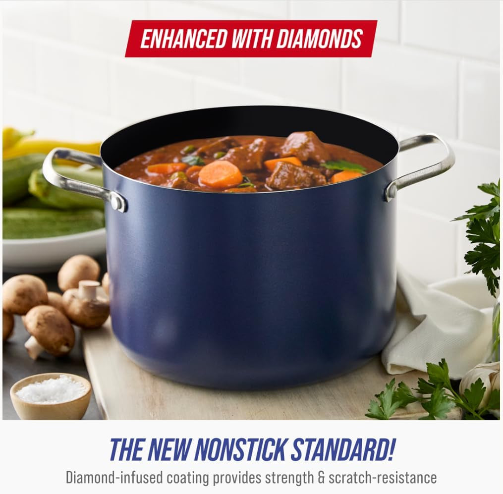 8QT Nonstick Stockpot with Glass Lid, Pfas-Free Ceramic, Multipurpose Cooking, Sauces & Soups, Pasta, Boiling & Canning Pot, Dishwasher & Oven Safe, Stainless Steel Handles, Navy