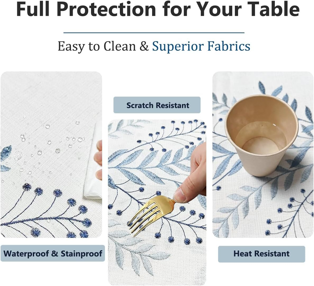 Linen Style Embroidered Tablecloth, Waterproof and Wrinkle-Resistant Table Cloth Rectangle Tables, Farmhouse Floral Rectangle Table Cover for Dining Room and Outdoor Parties(Blue, 55"X71")