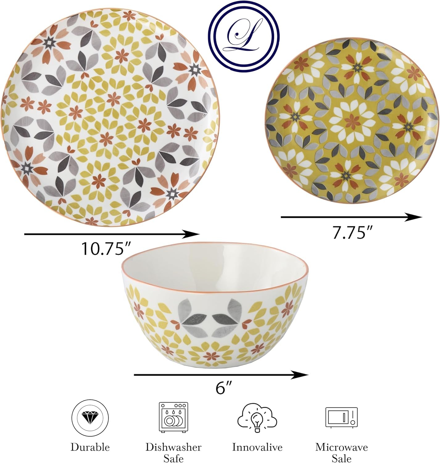 Floral Dinnerware Set, 12 Piece, Bone China, Yellow and Gray Pattern, Microwave and Dishwasher Safe