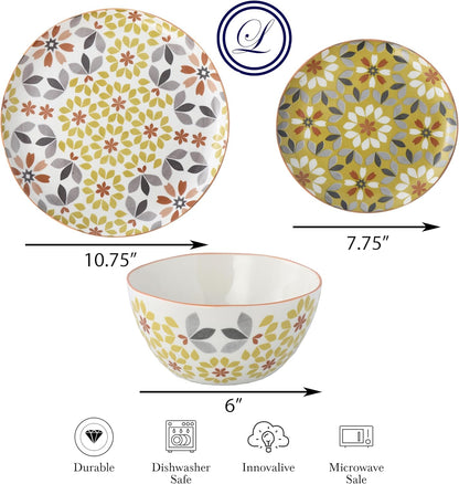 Floral Dinnerware Set, 12 Piece, Bone China, Yellow and Gray Pattern, Microwave and Dishwasher Safe