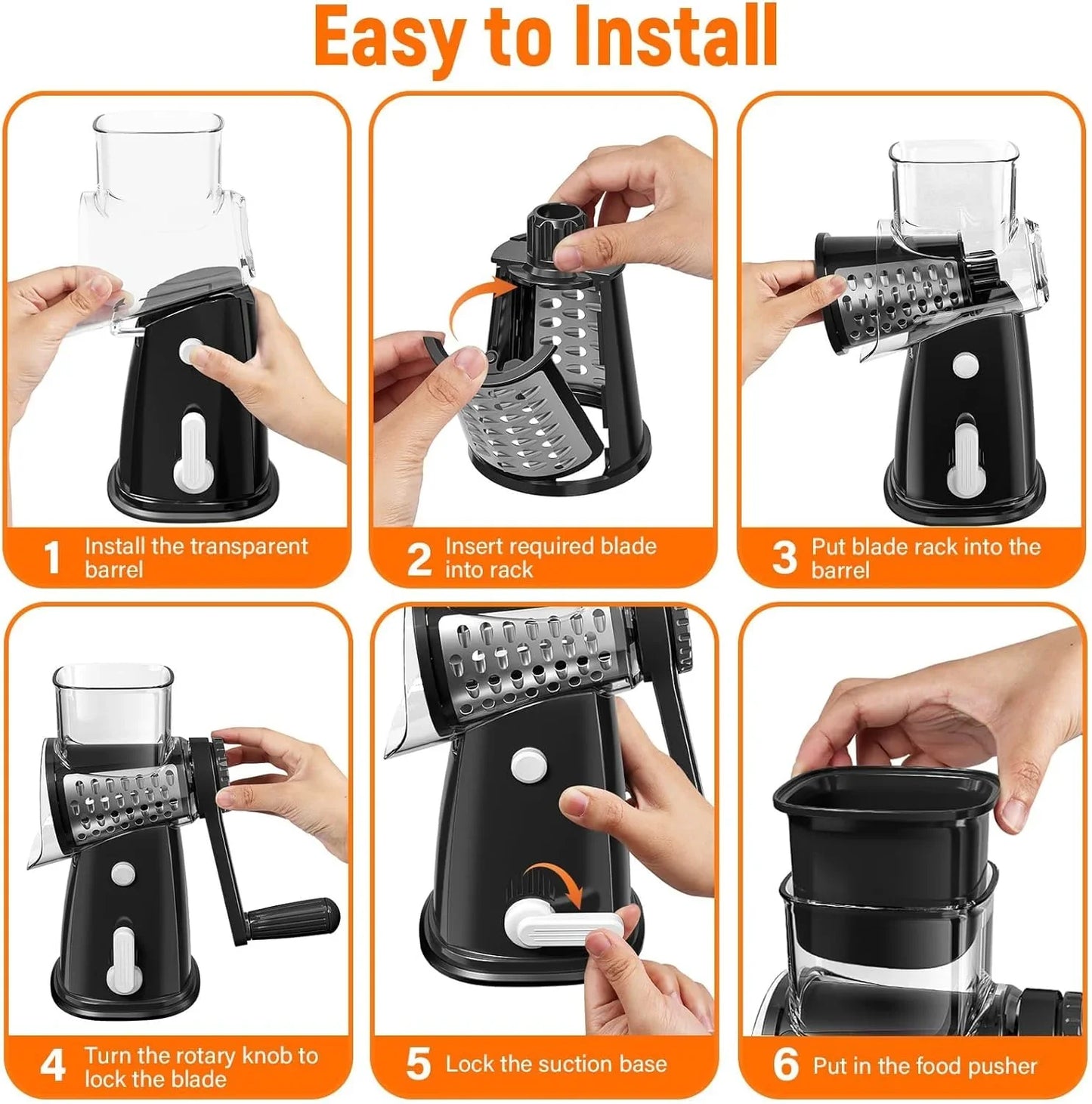 Rotary Cheese Grater Hand Crank, with 5 Blades for Chopper Shredder Spiralizer Slicer for Vegetable Cheese Fruit, Food Chopper for Kitchen with Blades Storage Box & Suction Base (Black)