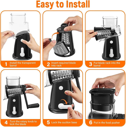 Rotary Cheese Grater Hand Crank, with 5 Blades for Chopper Shredder Spiralizer Slicer for Vegetable Cheese Fruit, Food Chopper for Kitchen with Blades Storage Box & Suction Base (Black)