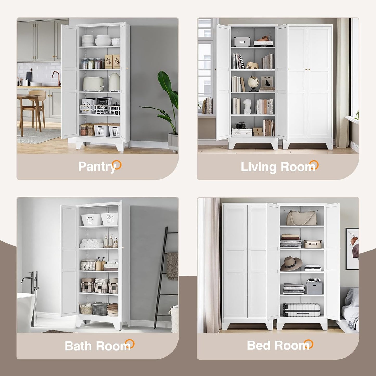 Metal Pantry Cabinet, 75" Kitchen Pantry with 2 Door and 4 Adjustable Shelves,White Metal Pantry Storage Cabinet,Cupboard for Kitchen,Dining Room,Living Room and Bathroom