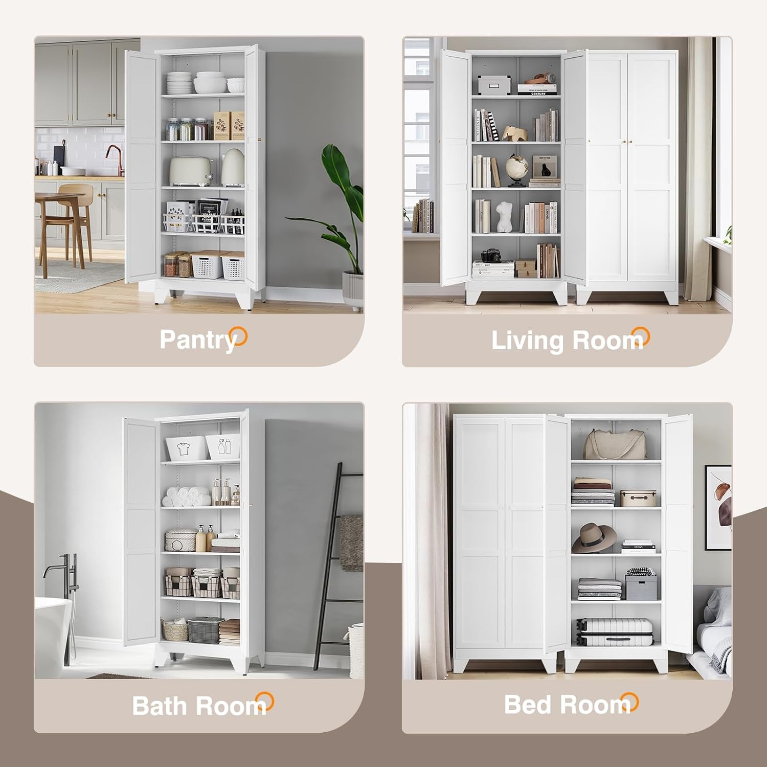 Metal Pantry Cabinet, 75" Kitchen Pantry with 2 Door and 4 Adjustable Shelves,White Metal Pantry Storage Cabinet,Cupboard for Kitchen,Dining Room,Living Room and Bathroom