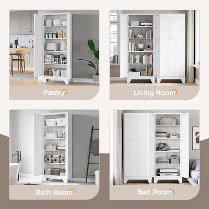 Metal Pantry Cabinet, 75" Kitchen Pantry with 2 Door and 4 Adjustable Shelves,White Metal Pantry Storage Cabinet,Cupboard for Kitchen,Dining Room,Living Room and Bathroom