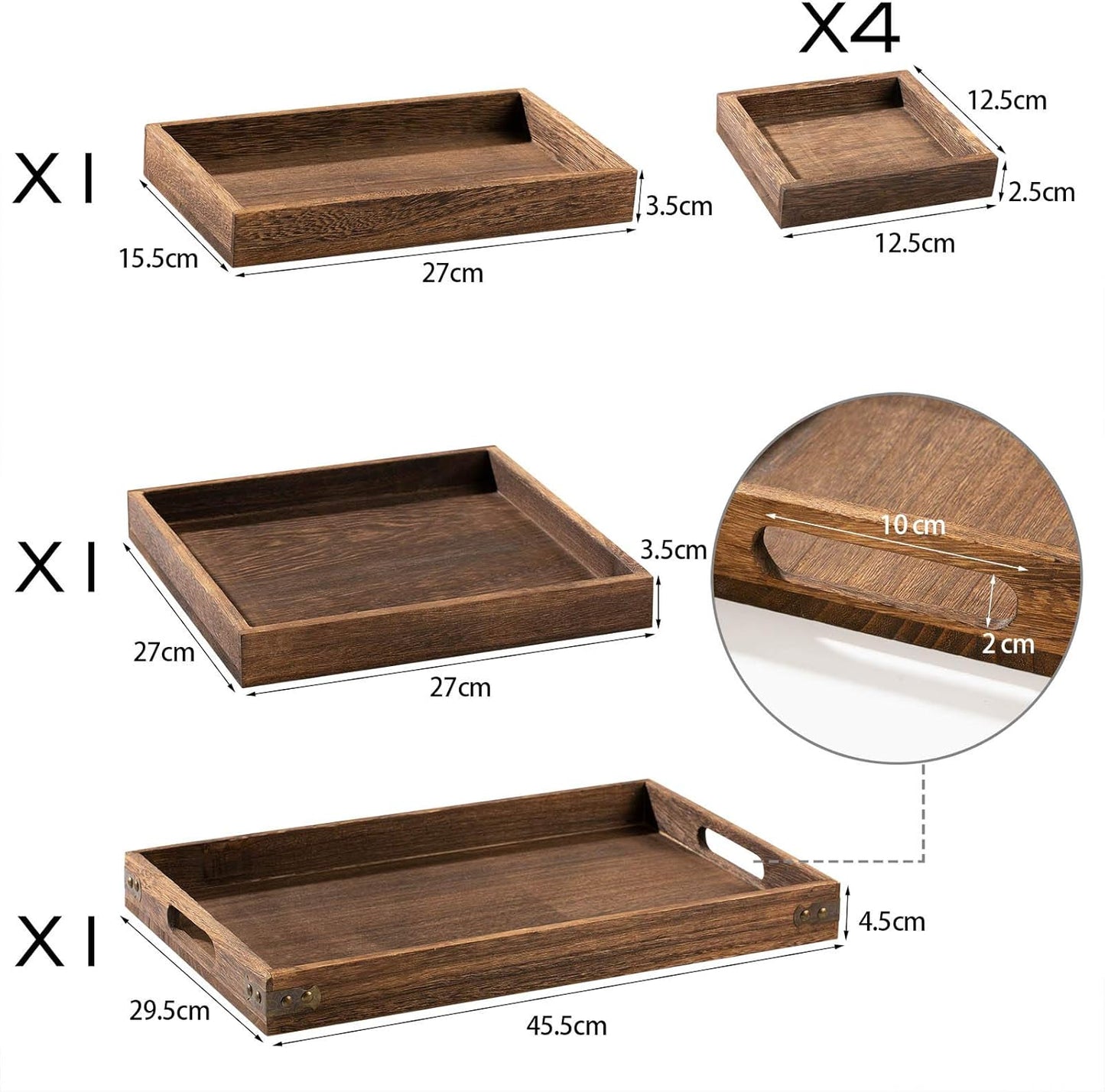 Rustic Wooden Serving Trays with Handle - Set of 7 Rectangular Platters for Entertaining, Breakfast, Coffee Table, Home Decor