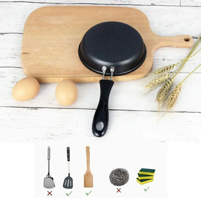 Nonstick frying pan on wooden cutting board with eggs, wheat, and utensil care icons for kitchen cooking tools