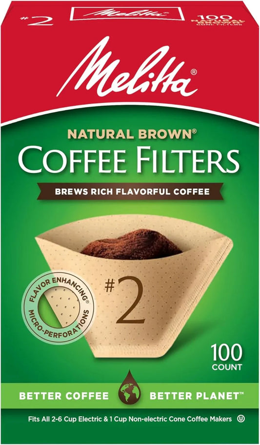 #2 Cone Coffee Filters, Natural Brown, 100 Count - Fits All 2-6 Cup Cone Coffee Makers and 1-Cup Pour-Over Brewers, Compostable, Tear-Resistant, Made in USA