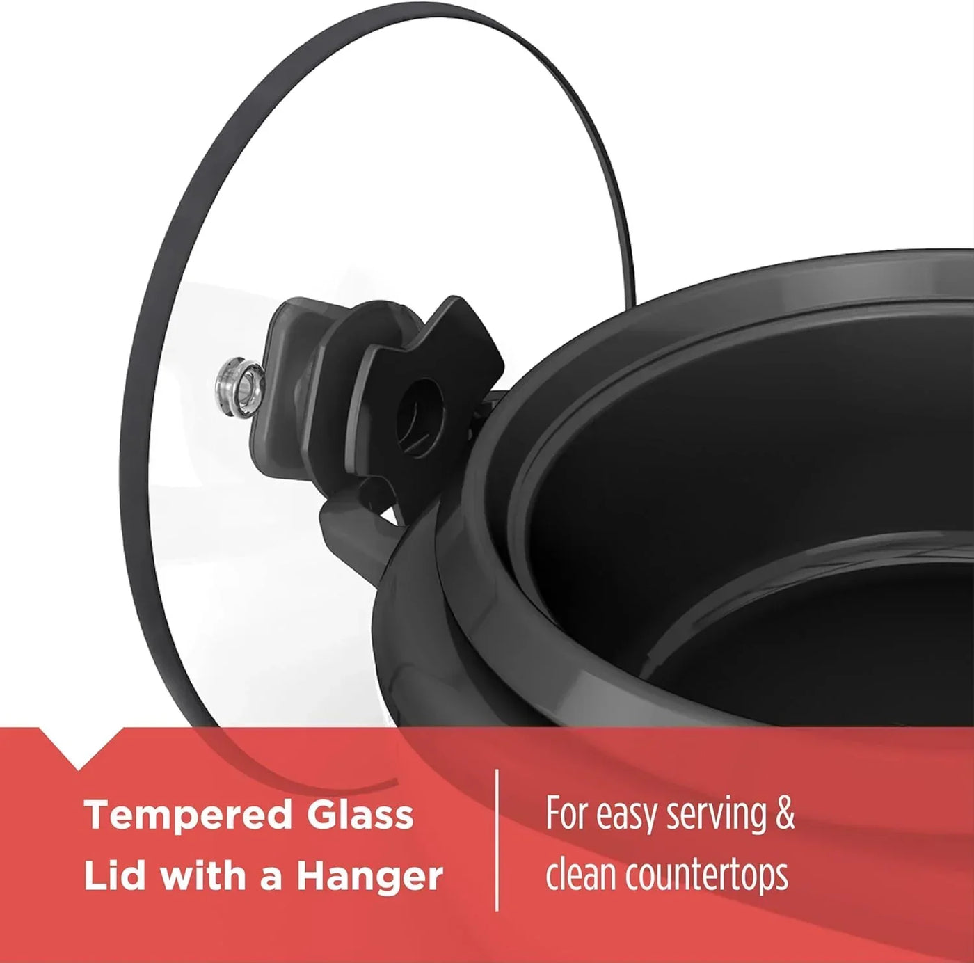 Tempered glass lid with hanger for easy serving and clean countertops