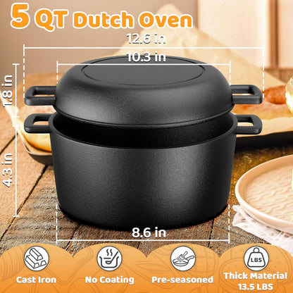 Cast Iron Dutch Oven for Bread Baking, 5 QT Pre-Seasoned Pot with Skillet Lid, Includes Sourdough Bread Baking Supplies, Cast Iron Pot for Frying, Braising, BBQ