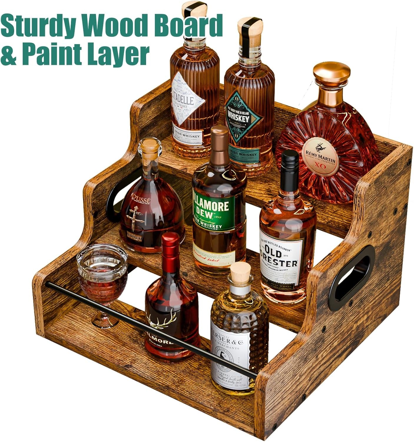 Liquor Bottle Display Shelf, Coffee Syrup Rack Organizer, 3 Step Countertop Liquor Wine Rack, Mini Bar,Liquor Cabinet, Home Retro Bar Shelf Stand for Liquor Whiskey, Spirits
