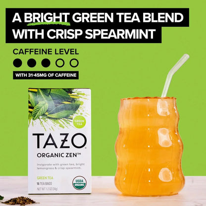 Tazo Organic Zen green tea box with iced tea in glass, crisp spearmint flavor, USDA Organic, 31-45mg caffeine