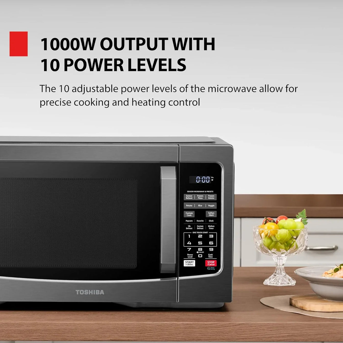 EM131A5C-BS Countertop Microwave Ovens 1.2 Cu Ft, 12.4" Removable Turntable Smart Humidity Sensor 12 Auto Menus Mute Function ECO Mode Easy Clean Interior Black Color 1000W