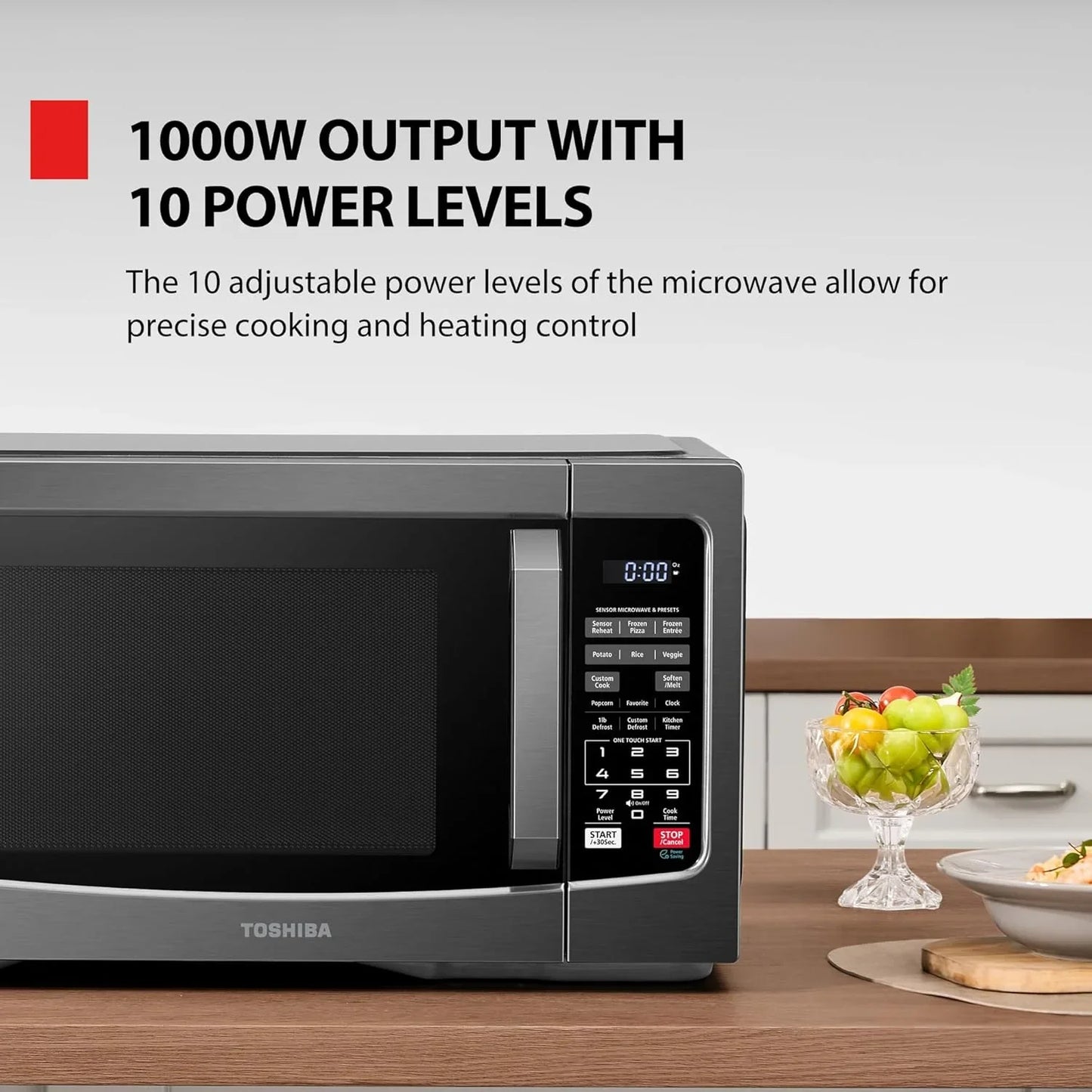 EM131A5C-BS Countertop Microwave Ovens 1.2 Cu Ft, 12.4" Removable Turntable Smart Humidity Sensor 12 Auto Menus Mute Function ECO Mode Easy Clean Interior Black Color 1000W