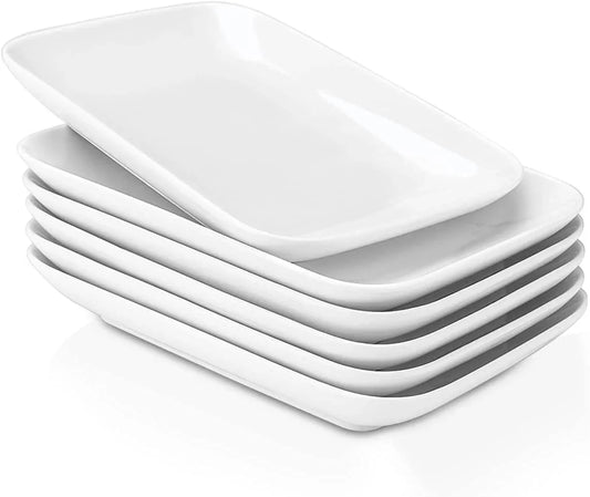 8 Inch Rectangular Appetizer Plates Set of 6, Porcelain Salad Dessert Plates White, Small Serving Plates for Sushi Snack, Microwave Oven Dishwasher Safe, Stackable Ceramic Plates