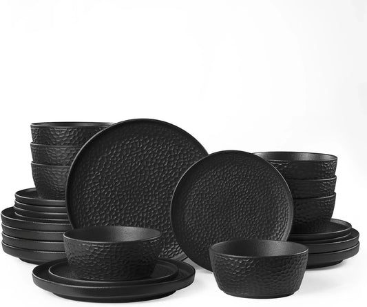 Ceramic Dinnerware Set, 24-Piece Porcelain Plates and Bowls Set for 8, Matte Black or White, Hammered Texture, Microwave, Dishwasher & Oven Safe, Perfect for Home, Weddings & Gifts