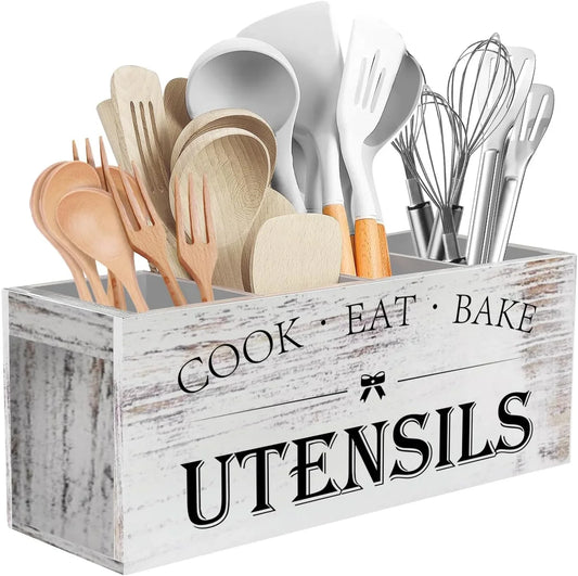 Extra Large Kitchen Utensils Holder with 4 Compartments, Wooden Utensil Organizer for Kitchen Countertop, Farmhouse Decor, Rustic Cooking Utensil - White Grain