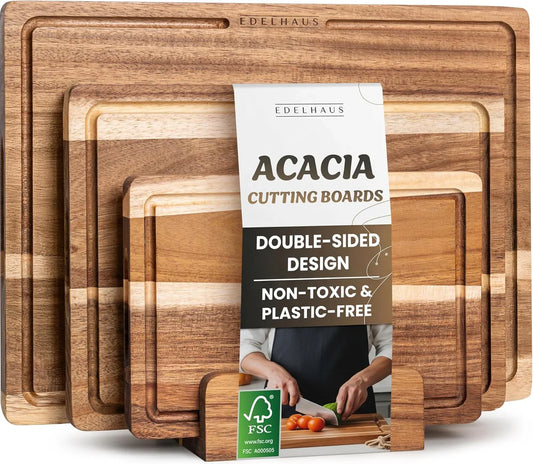 Acacia Wood Cutting Board for Kitchen, Non-Toxic Cutting Board Set of 3, Chopping Boards with Deep Juice Groove for Meat, Cheese & Vegetables - Durable & Double Sided with Serving Compartments