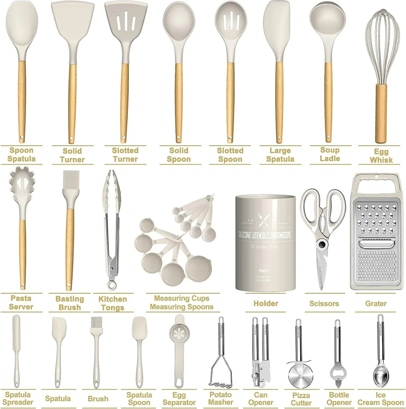 Thickened Silicone Cooking Utensils Set-  Khaki Kitchen Utensils Set, 34PCS Heat Resistant Kitchen Gadgets Tools Set with Grater, Bpa-Free Kitchen Spatula Set for Nonstick Cookware