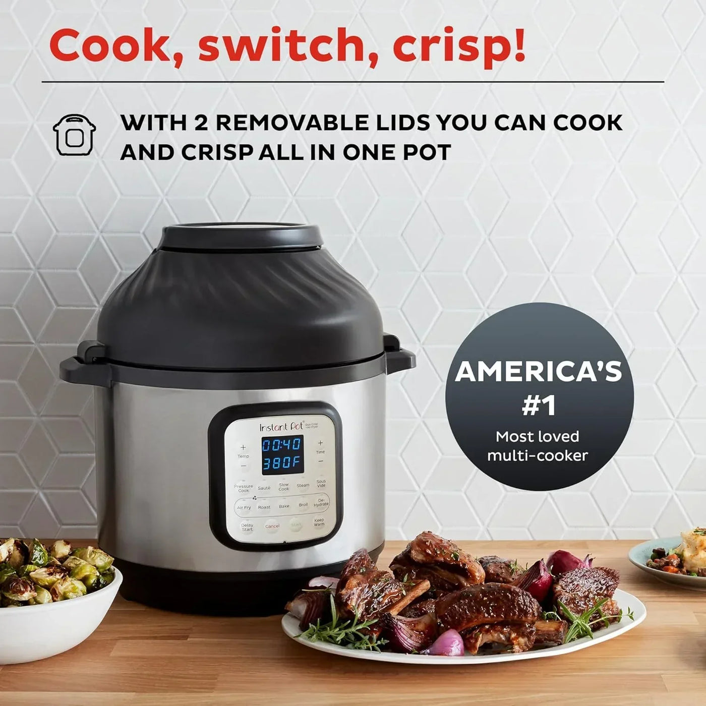 Instant Pot multi-cooker with air fry lid, cooking ribs and Brussels sprouts on kitchen counter