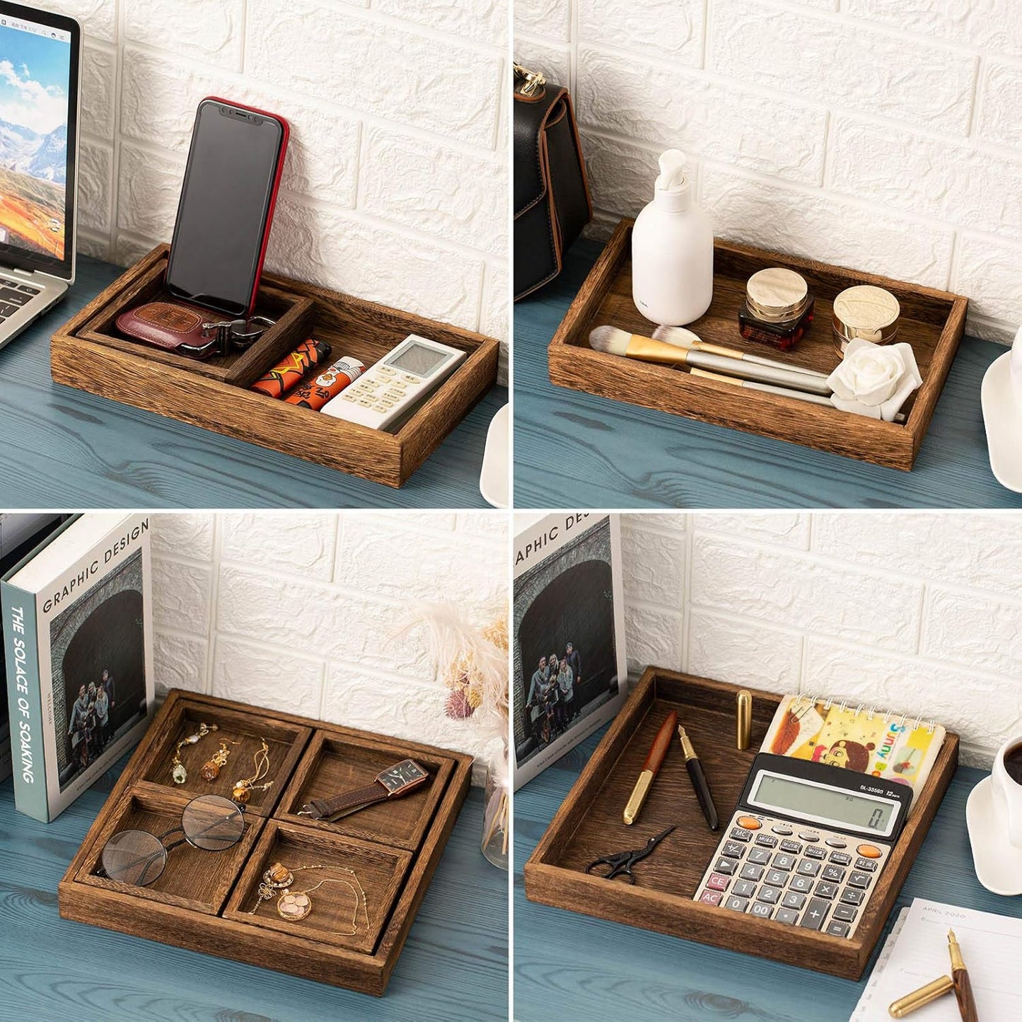 Rustic Wooden Serving Trays with Handle - Set of 7 Rectangular Platters for Entertaining, Breakfast, Coffee Table, Home Decor