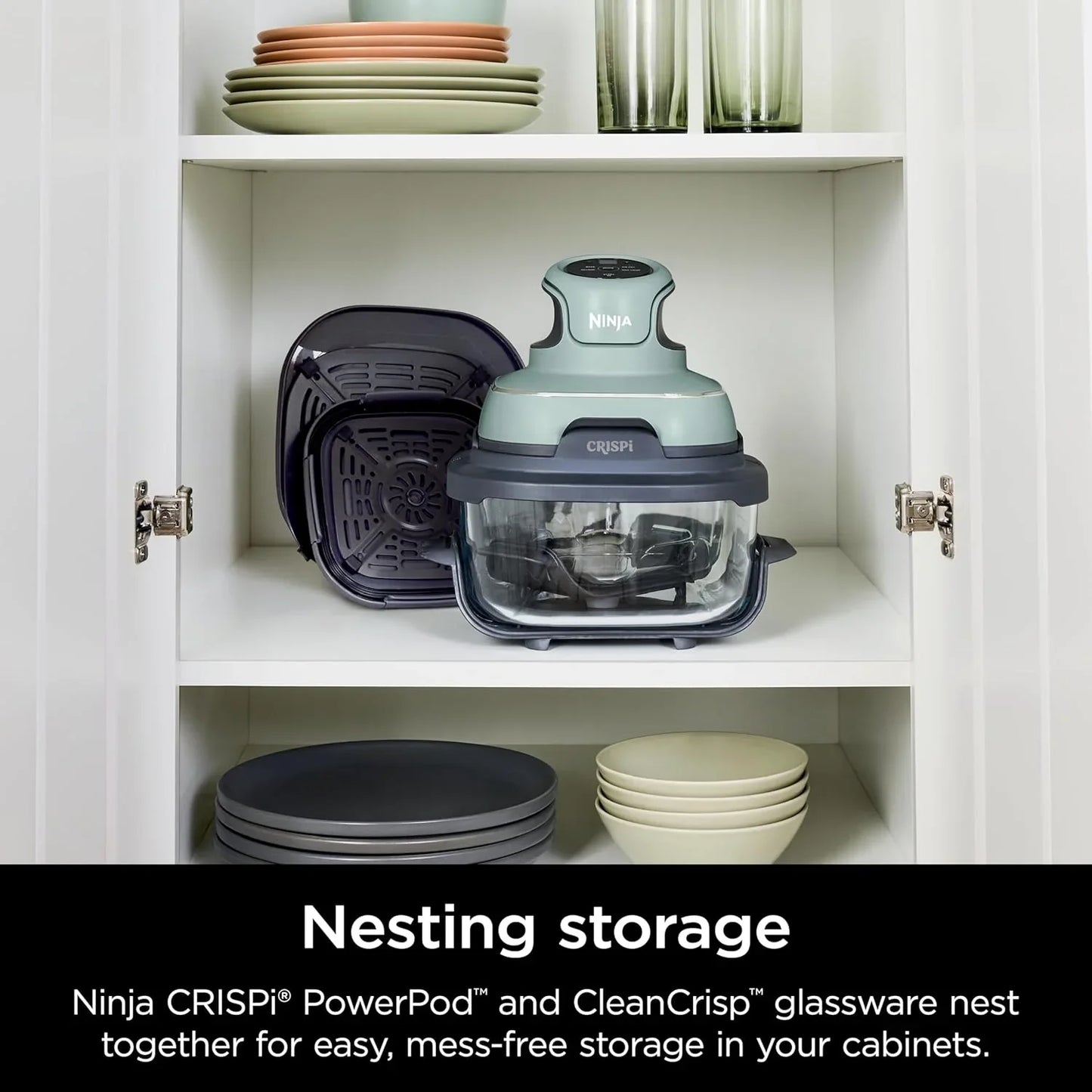 Crispi 4-In-1 Glass Air Fryer | 450°F | Non-Toxic | 4QT & 6-Cup Glass Containers W/Lids | Microwave, Freezer, Dishwasher Safe | Max Crisp, Air Fry, Bake, Recrisp | Green | FN101SG