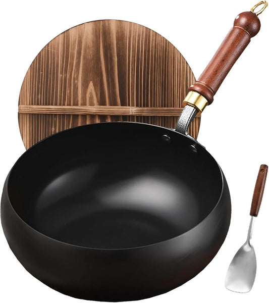 Carbon Steel Wok Pan, 10.2" Woks & Stir-Fry Pans with Wooden Lid Cookwares, Nonstick Wok Flat Bottom Small Handmade Chinese Wok for for All Stoves