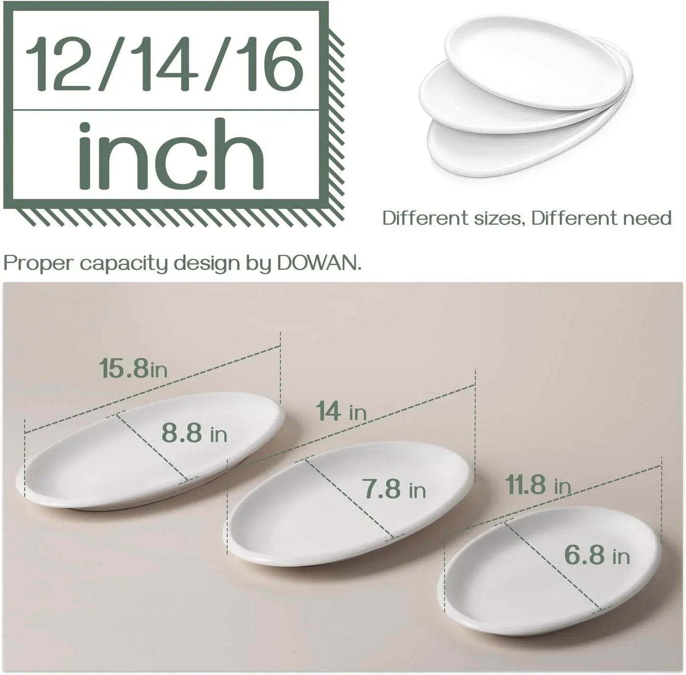 Large Serving Platter, 16"/14"/12" Oval Platters Oven Safe, White Serving Plates for Wedding Decor, Ceramic Serving Dish for Entertaining Food, Set of 3