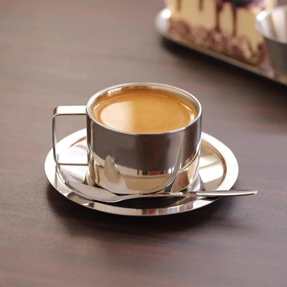 6.8Oz Stainless Steel Coffee Cup Set, Coffee Mugs with Spoon and Saucer for Latte, Espresso, Cappuccino, Milk and Tea
