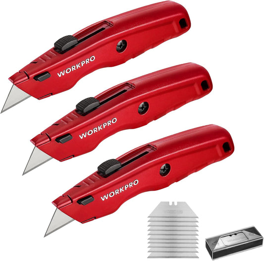 Premium Utility Knife, Retractable All Metal Heavy Duty Box Cutter, Quick Change Blade Razor Knife, 3PCS with 10 Extra Blades