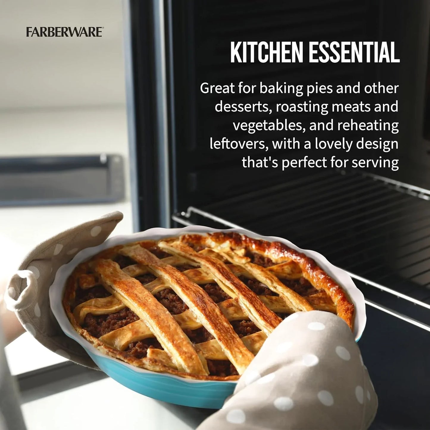 Bakers Advantage 10 Inch Pie Dish, Stoneware Pie Pan with Scalloped Edge, Two-Tone Teal and Ivory Ceramic Pie Plate for Baking Quiche, Casseroles, and Deep Dish Pies