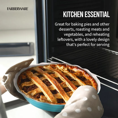 Bakers Advantage 10 Inch Pie Dish, Stoneware Pie Pan with Scalloped Edge, Two-Tone Teal and Ivory Ceramic Pie Plate for Baking Quiche, Casseroles, and Deep Dish Pies