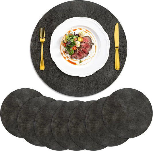 Placemats, Heat Resistant round Placemats Set of 8 Washable, Waterproof Table Mats, Wipeable Faux Leather Place Mats for Kitchen, Dining Room, Dark Grey