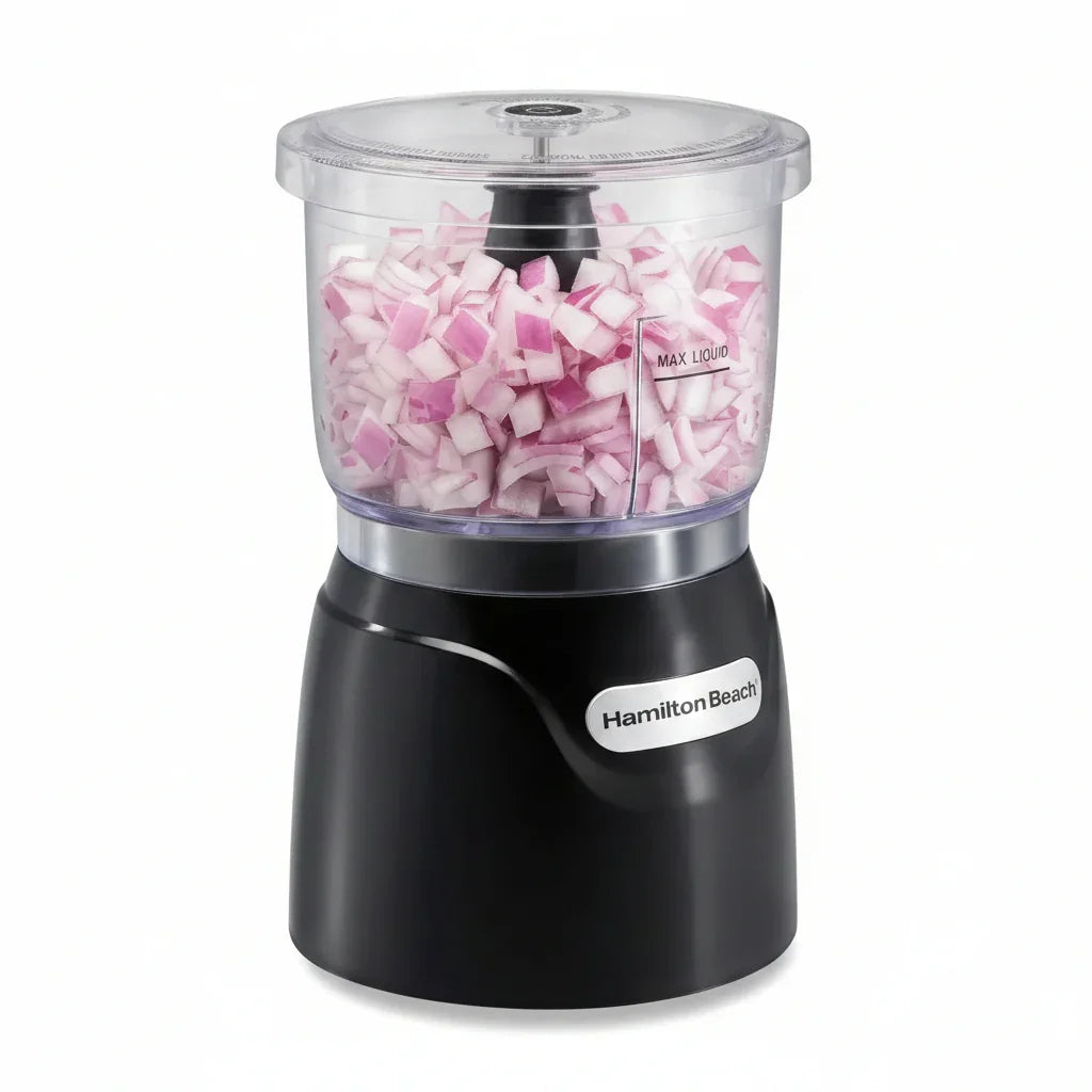 Hamilton Beach food chopper with diced red onions, ideal for kitchen prep and cooking tasks